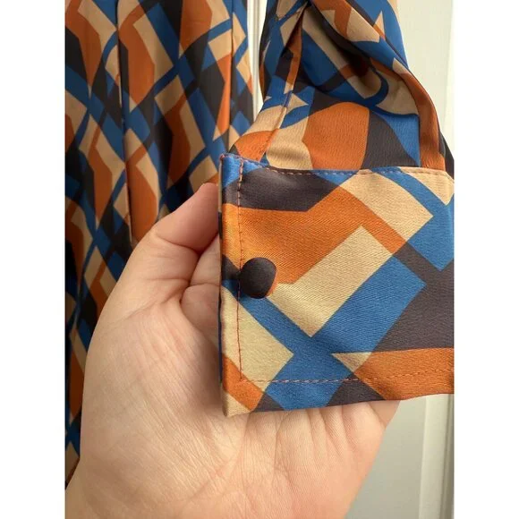 Banana Republic Blue and Orange Geometric Print Satin Wrap Dress - Picture 9 of 12